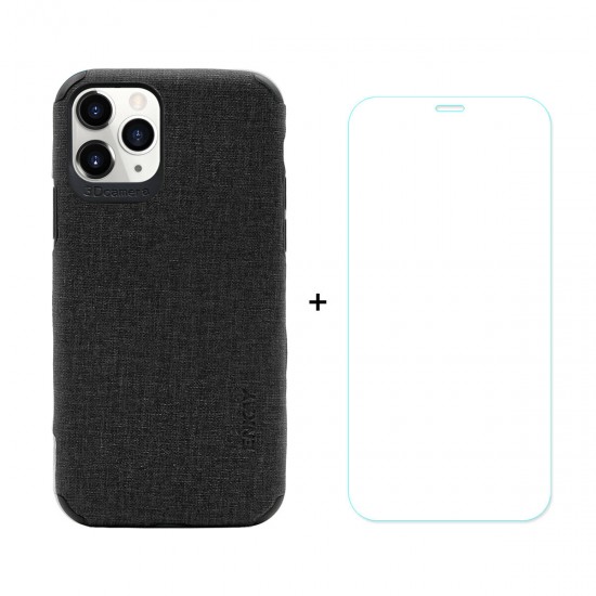 2 in 1 Canvas Pattern with Bumpers Shockproof PU Leather Protective Case + 9H Anti-Explosion High Definition Full Coverage Tempered Glass Screen Protector