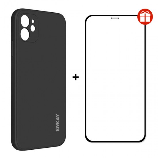 2-in-1 for iPhone 12 Accessories Shockproof with Lens Protector Soft Liquid Silicone Rubber Protective Case + 9H Full Glue Full Coverage Tempered Glass Screen Protector