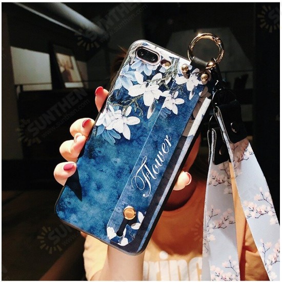 Fashion Magnolia Flower Pattern with Wrist Strap Bracket Shockproof Silicone Protective Case