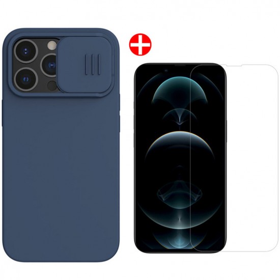 For iPhone 13 Pro Max Case Blue Smooth Shockproof with Slide Lens Protector Soft Liquid Silicone Rubber Protective Case + Amazing H+PRO 9H