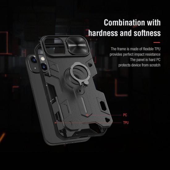 For iPhone 13 Protective Case Anti-Peeping Slide Lens Cover with Bracket Anti-Scratch Shockproof Back Cover