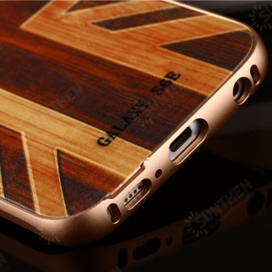 Wooden Pattern Hard Back Case Gold Alloy Frame Protective Shell for Samsung Galaxy S6 Edge