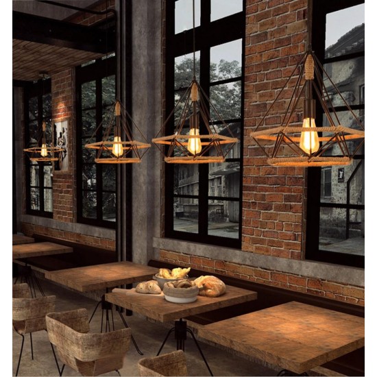 E27 Loft Industrial Hemp Rope Birdcage Chandelier Restaurant Bar Light Pendant Lamp