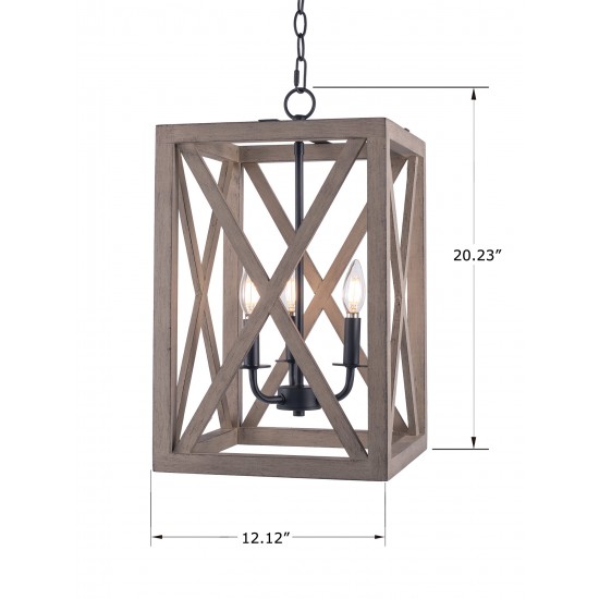 3-Light Candle Style Lantern Rectangle Chandelier With Wood Without Bulbs