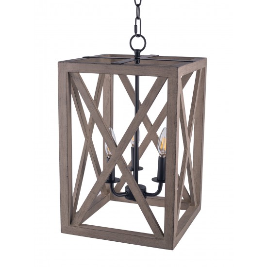 3-Light Candle Style Lantern Rectangle Chandelier With Wood Without Bulbs