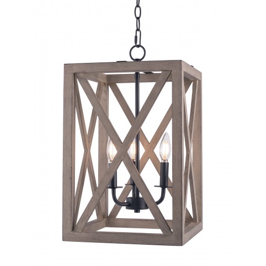 3-Light Candle Style Lantern Rectangle Chandelier With Wood Without Bulbs