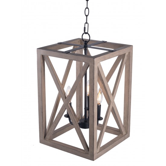 3-Light Candle Style Lantern Rectangle Chandelier With Wood Without Bulbs