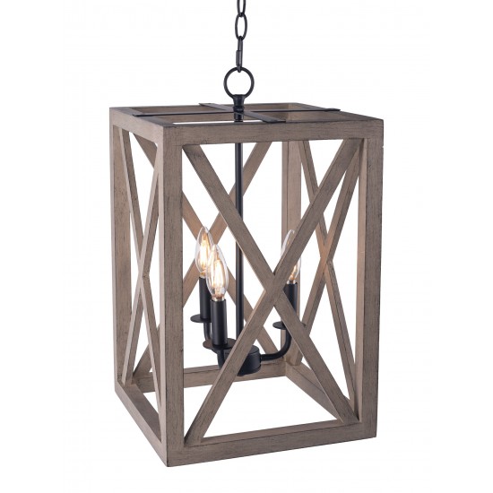 3-Light Candle Style Lantern Rectangle Chandelier With Wood Without Bulbs