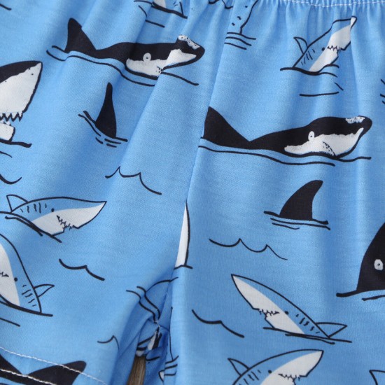 Boy's Cute Shark Cartoon Print T-Shirts Short-sleeved+ Pants Casual Clothing Set For 1-7Y Kids