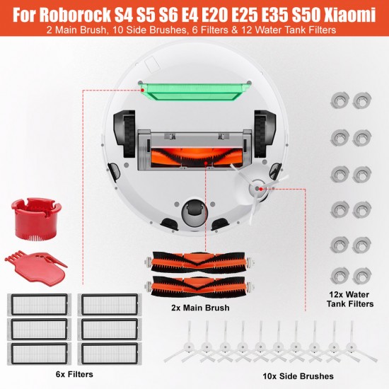 30pcs Replacements for Roborock S4 S5 S6 E2 E3 E4 E20 E25 E35 S50 S65 Robot Vacuum Cleaner Main Brush*2 Side Brush*10 Filters*18 [Not-original]