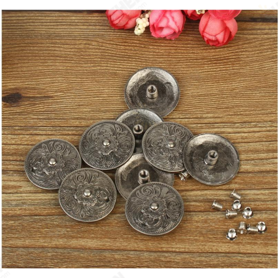 10Set DIY Leather Handbag Wallet Decoration with Antique Round Buttons and Sliver Rivets Hole Flower