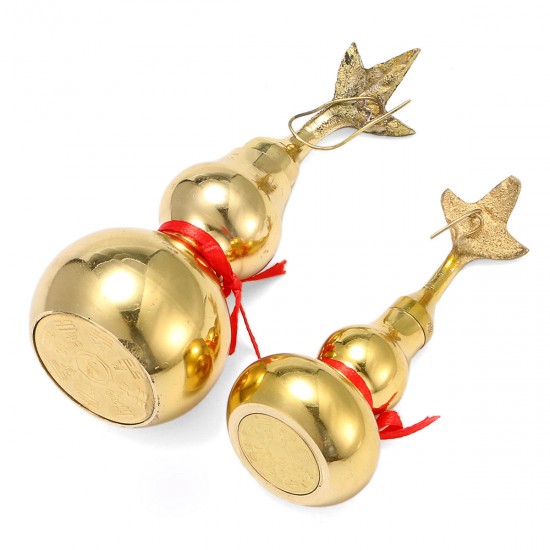 Gold Brass Feng Sui Gourd with Red Ribbon Good Luck Collection Decorations