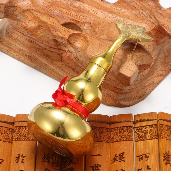 Gold Brass Feng Sui Gourd with Red Ribbon Good Luck Collection Decorations