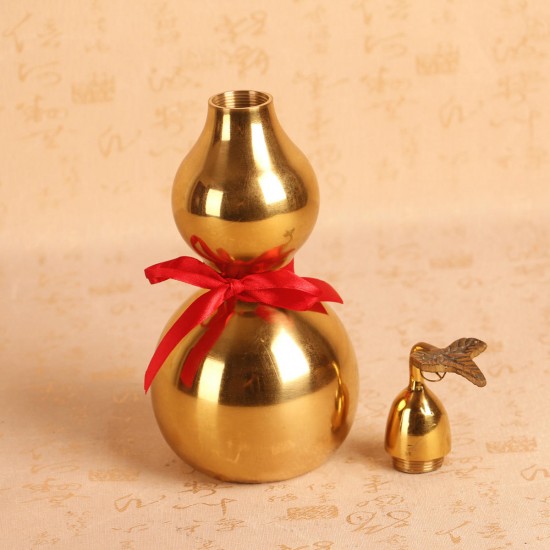 Gold Brass Feng Sui Gourd with Red Ribbon Good Luck Collection Decorations