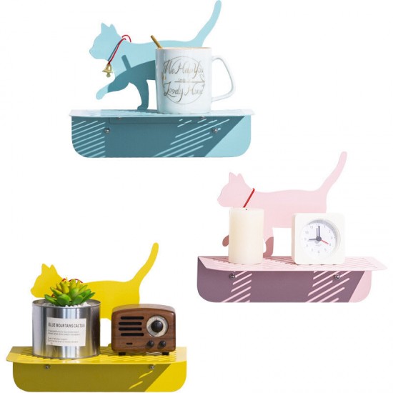 Cute Cat Pattern Iron Hanging Storage Racks Kitchen Bathroom Wall Mounted Mobile Phone Holder Shelves