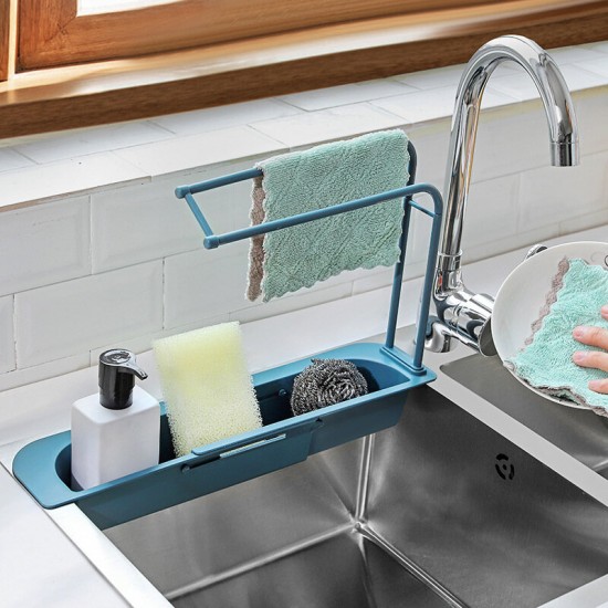 Multifunctional Telescopic Sink Holder Large Capacity Expandable Extensible Sponge Towls Sundries Phone Tablet Storage Rack in Kitchen
