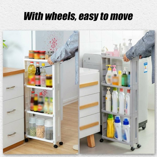 4 Layers Kitchen Storage Rack Slim Slide Tower Movable Assemble Plastic Bathroom Shelf Wheels Space Saving Organizer