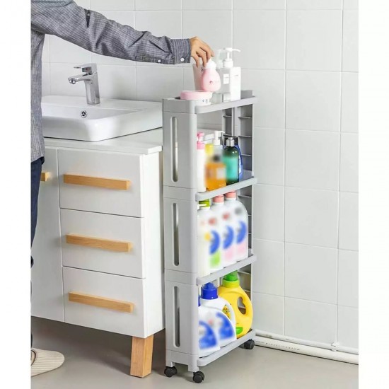 4 Layers Kitchen Storage Rack Slim Slide Tower Movable Assemble Plastic Bathroom Shelf Wheels Space Saving Organizer