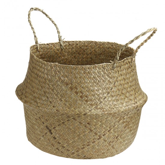 Folding Seagrass Storage Basket Home Decorative Rattan Plant Flower Pot Decor Handmade Woven Wicker Belly Toy Laundry Basket