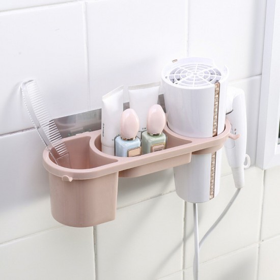 Wall Mounted Hair Dryer Rack Holder Bathroom Multi-function Storage Rack No Drilling Plastic Bracket with Two Hooks