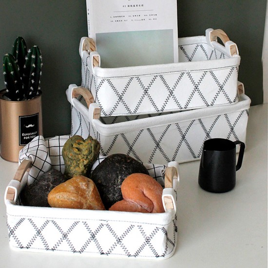 Wooden Handle Felt Receiving Basket Simple Sorting Storage Bags Cosmetic Fabric Storage Basket Desktop Storage Supplies