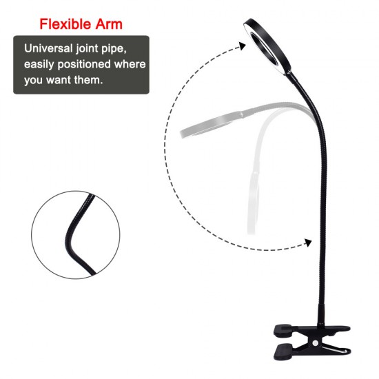 Flexible 5X USB 3 Colors Lamp Magnifier Clip-on Table Top Desk LED Reading Large Lens Illuminated Magnifying Glass