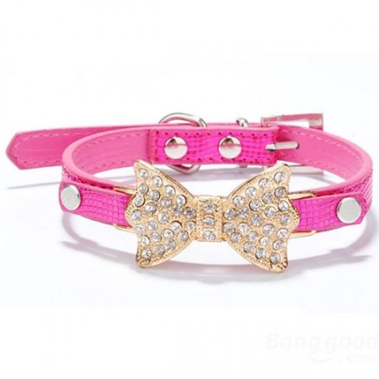 Pet Dog Puppy PU Bowknot Shiny Rhinestone Collar