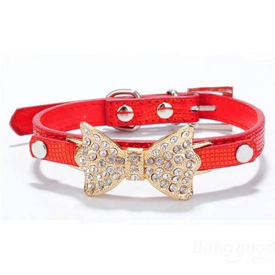 Pet Dog Puppy PU Bowknot Shiny Rhinestone Collar