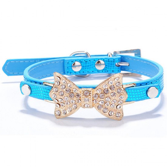 Pet Dog Puppy PU Bowknot Shiny Rhinestone Collar