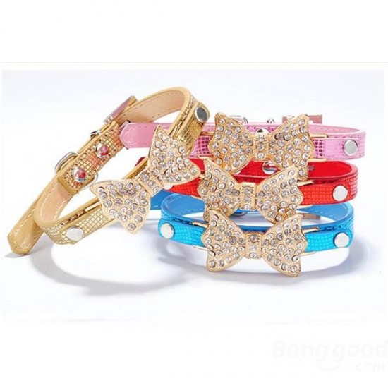 Pet Dog Puppy PU Bowknot Shiny Rhinestone Collar