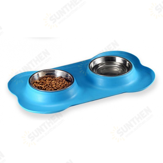 Stainless Steel Pet Bowl with Non-Skid Silicone Mat Feeder Double Bowls Set for Dogs Cats and Pets