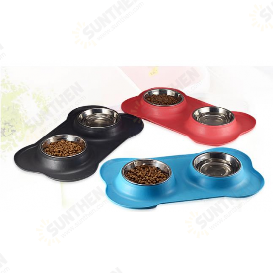 Stainless Steel Pet Bowl with Non-Skid Silicone Mat Feeder Double Bowls Set for Dogs Cats and Pets