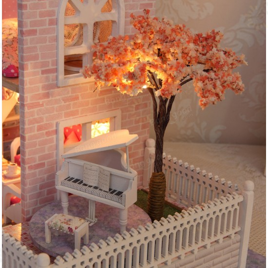 1/24 DIY Wooden Dollhouse Pink Cherry Handmade Decorations Model with LED Light&Music Birthday