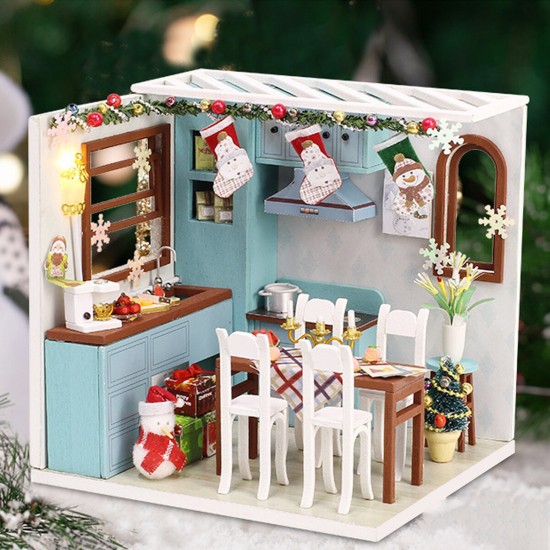 Wooden Dining Room DIY Handmade Assemble Doll House Miniature Furniture Kit Education Toy with LED Light for Collection Birthday Gift