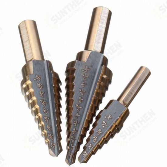 3pcs M7 HSS Step Drill Bit Set 3/16-1/2 1/4-3/4 3/16-7/8 Inch