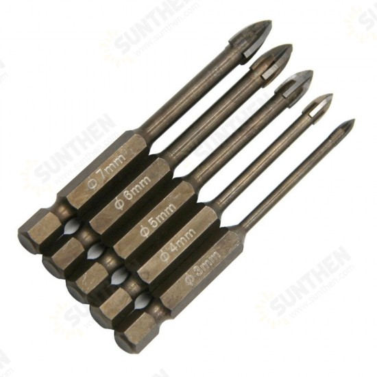 5pcs 3-7mm Cross Glass Drill Bit Hexagon Shank Ceramic Drill Bit Set