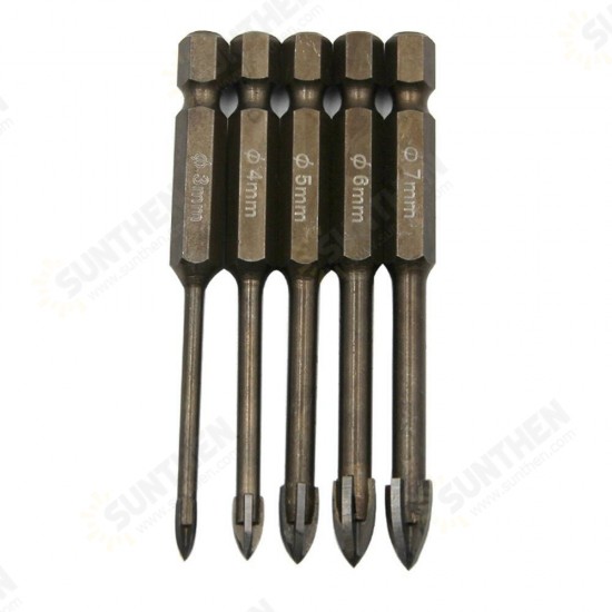 5pcs 3-7mm Cross Glass Drill Bit Hexagon Shank Ceramic Drill Bit Set