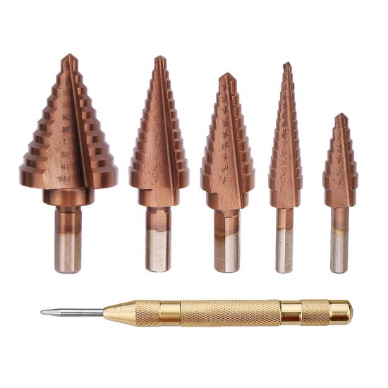 6Pcs HSS Bronze Coated Step Drill Bit With Center Punch Drill Set Hole Cutter Drilling Tool