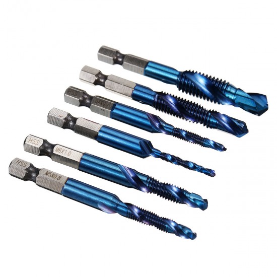 6Pcs M3-M10 1/4 Inch Hex Shank Metric Thread Blue Nano Coated HSS Drill and Tap Bits Screw Tap