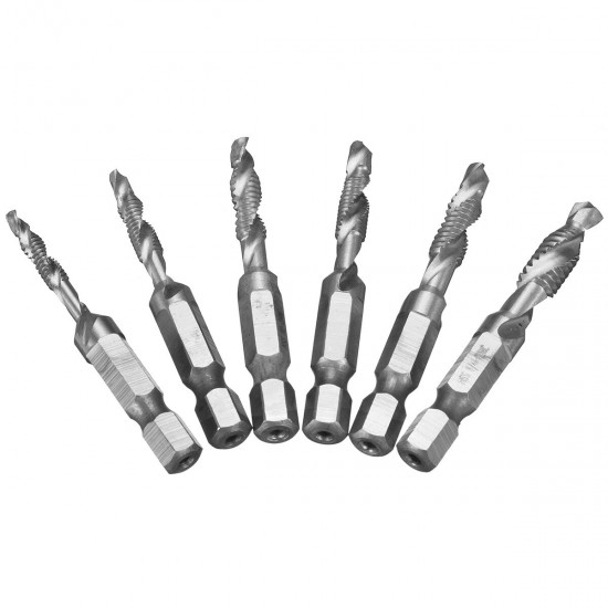 6pcs 1/4 Inch M3-M10 Composite Tap HSS Combination Drill Tap Bit Set Hex Shank Deburr Countersink Bits