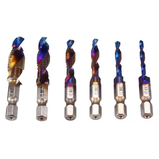 6pcs M3-M10 Combination Drill Tap Bit Hex Shank Blue Coated Deburr Countersink Bits Screw Thread Metric Tap