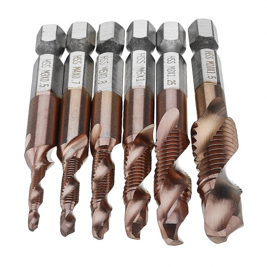 6pcs M3-M10 Combination Drill Tap Bit Set HSS 6542 AlTiN Coated Deburr Countersink Drill Bits