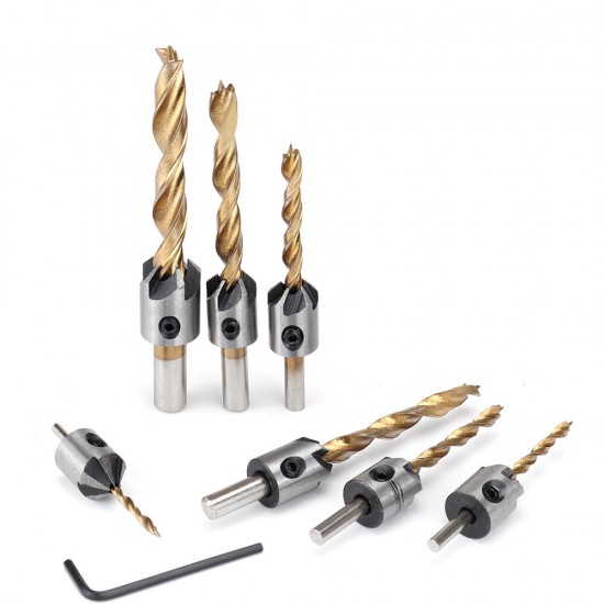 7/8Pcs 3-10mm Round Shank Titanium Coated Countersink Drill Bit Set Replacement Three Point Carpentry Tool Woodworking Tool With Hexagon L-Wrench