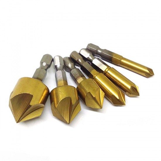 8Pcs Hexagonal Handle Titanium Plated Five-edge Chamfering Knife Reaming Chamferer Shaving Auger Hole Opening Set