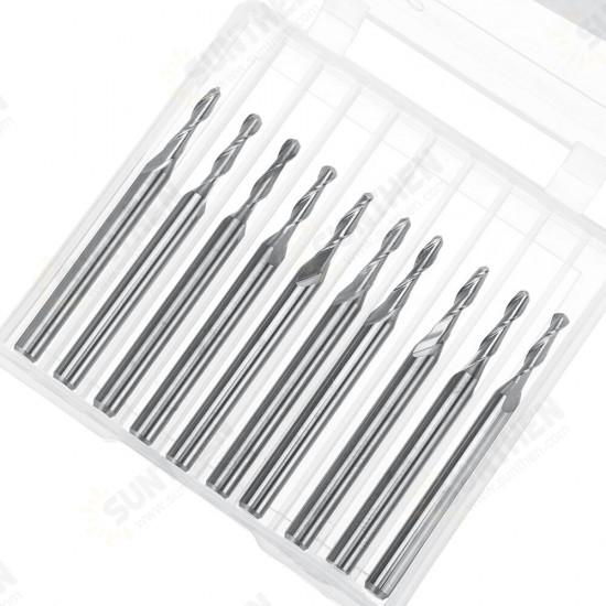 10pcs 3.175mm Shank Spiral Ball End Mill 0.8-2mm Diameter Two Flutes CNC Milling Cutter