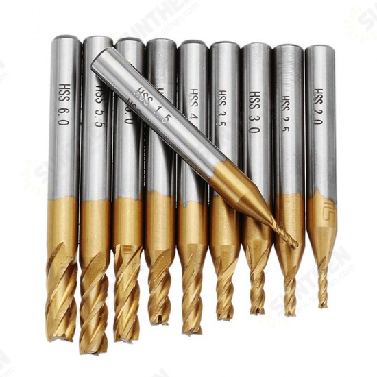 10pcs Titanium Coating 1.5-6.0mm HSS 4 Flute End Mill Cutter 6mm Shank CNC Drill Bits