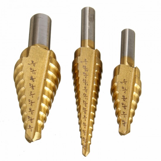 3Pcs HSS Round Shank Titanium Coated Quick Change Step Drill Bits 3/16-1/2 1/8-1/2 1/4-3/4 Inch