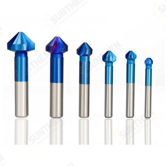 6Pcs 3 Flutes HSS Blue Nano Chamfering End Mill 90 Degree Chamfer Cutter Countersink Drill Bit