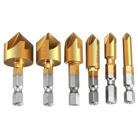 6Pcs 6-19mm Countersink Drill Bit 5 Flutes Hex Shank Titanium Coated Chamfer Cutter Set