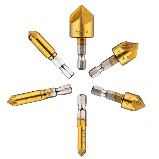 6Pcs 6-19mm Countersink Drill Bit 5 Flutes Hex Shank Titanium Coated Chamfer Cutter Set